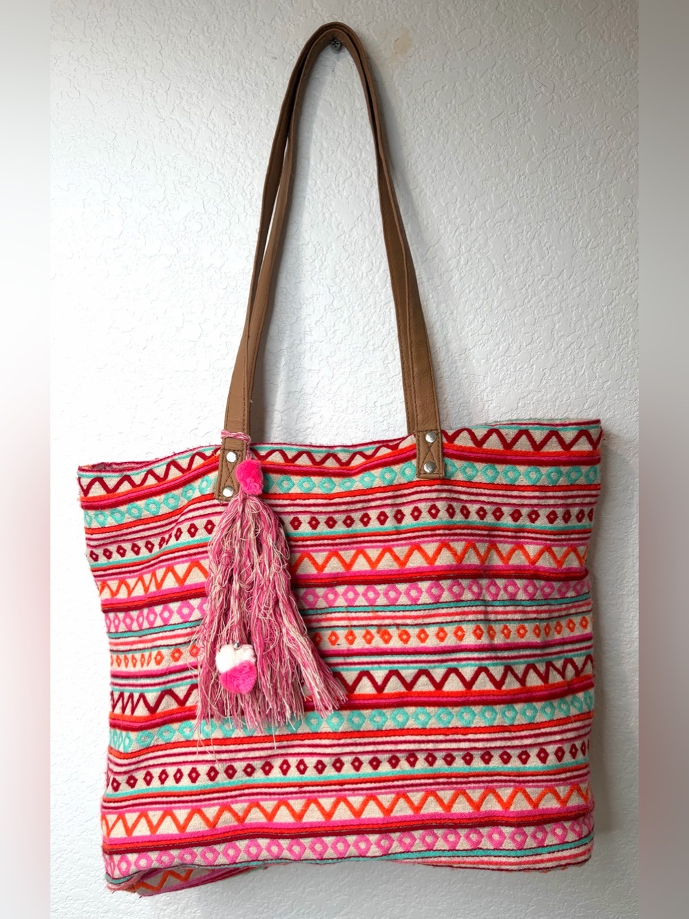 Striped Rainbow Tote Bag Multicolor Shoulder Tassel Boho Festival Cotton Blend